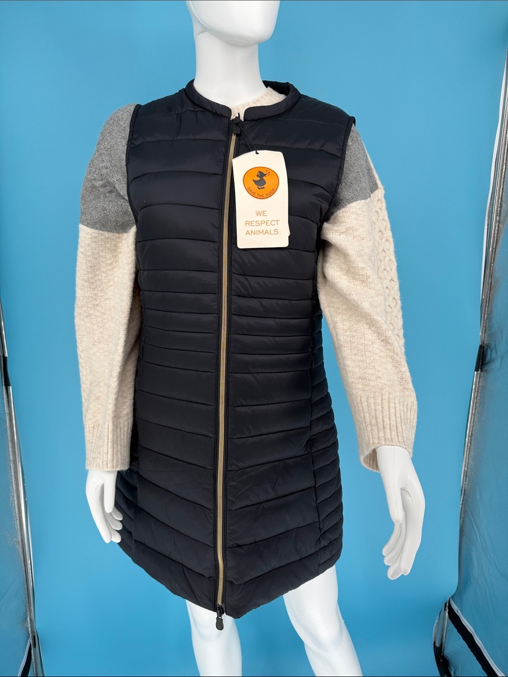 NWT Save The Duck Cindy Long Quilted Puffer Vest Dark Navy Size S